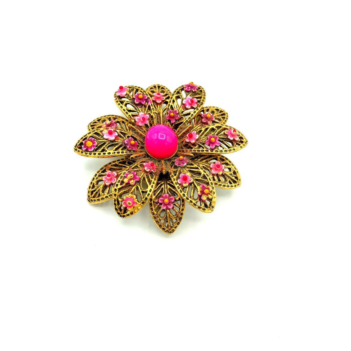 Layered Filigree Pink Enamel Vintage Brooch - 24 Wishes Vintage Jewelry