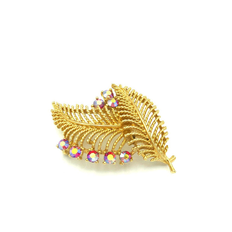 Lisner Vintage Gold Leaf Pink AB Pin Brooch - 24 Wishes Vintage Jewelry
