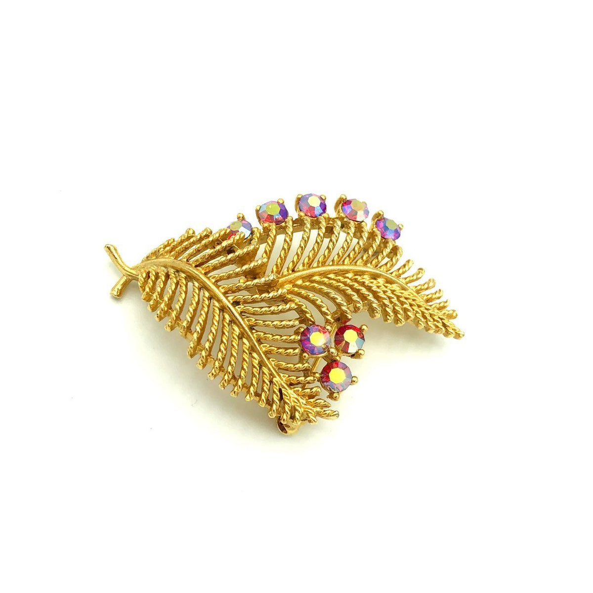 Lisner Vintage Gold Leaf Pink AB Pin Brooch - 24 Wishes Vintage Jewelry