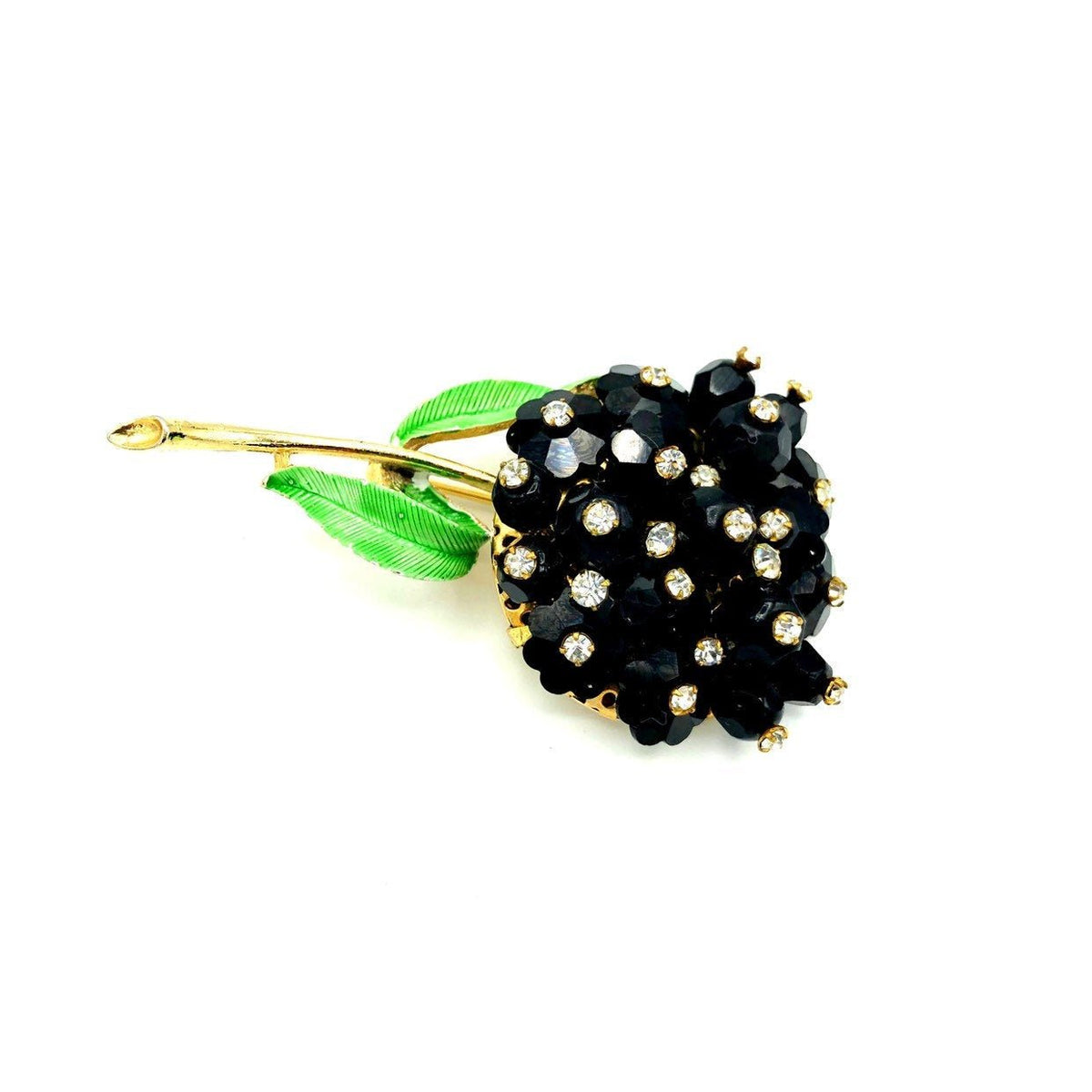 Long Stem Flower Black & White Rhinestone Vintage Brooch - 24 Wishes Vintage Jewelry