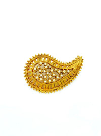 Marla Buck Gold Pearl & Rhinestone Textured Rhinestone Paisley Brooch - 24 Wishes Vintage Jewelry