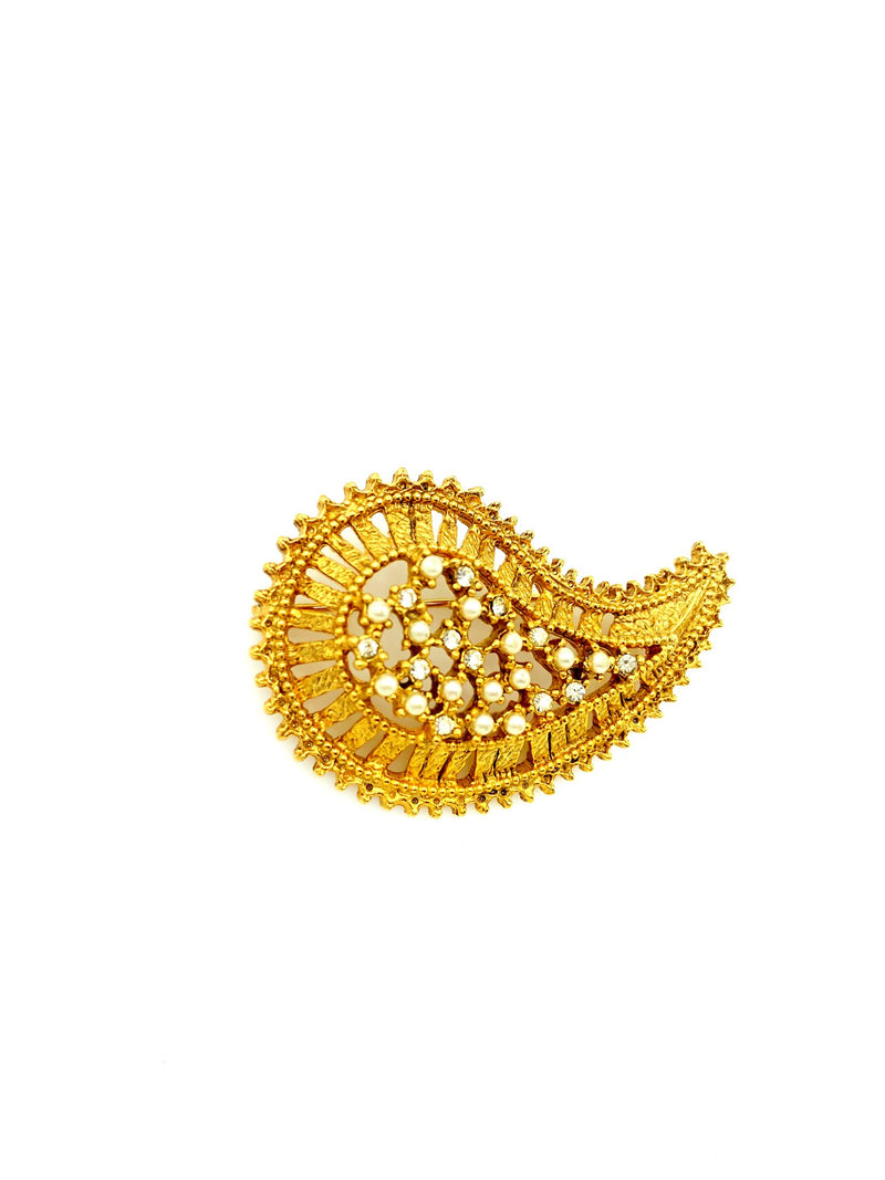 Marla Buck Gold Pearl & Rhinestone Textured Rhinestone Paisley Brooch - 24 Wishes Vintage Jewelry