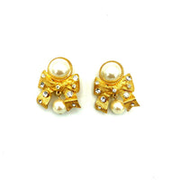 Marvella Pearl Gold Ribbon Rhinestone Vintage Clip-On Earrings - 24 Wishes Vintage Jewelry