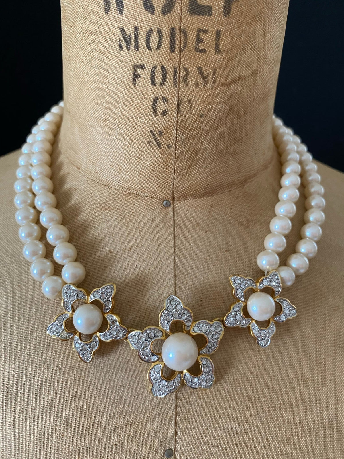 Marvella Two Strand Pearl Necklace Floral Rhinestone Pendant - 24 Wishes Vintage Jewelry