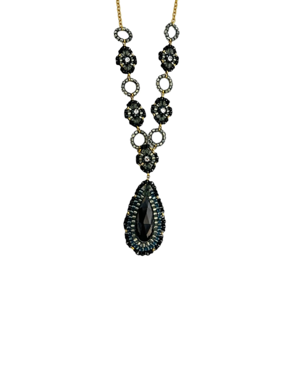 Miguel Ases Designer Black Teardrop Beaded Strand Layering Gold-Filled Necklace - 24 Wishes Vintage Jewelry