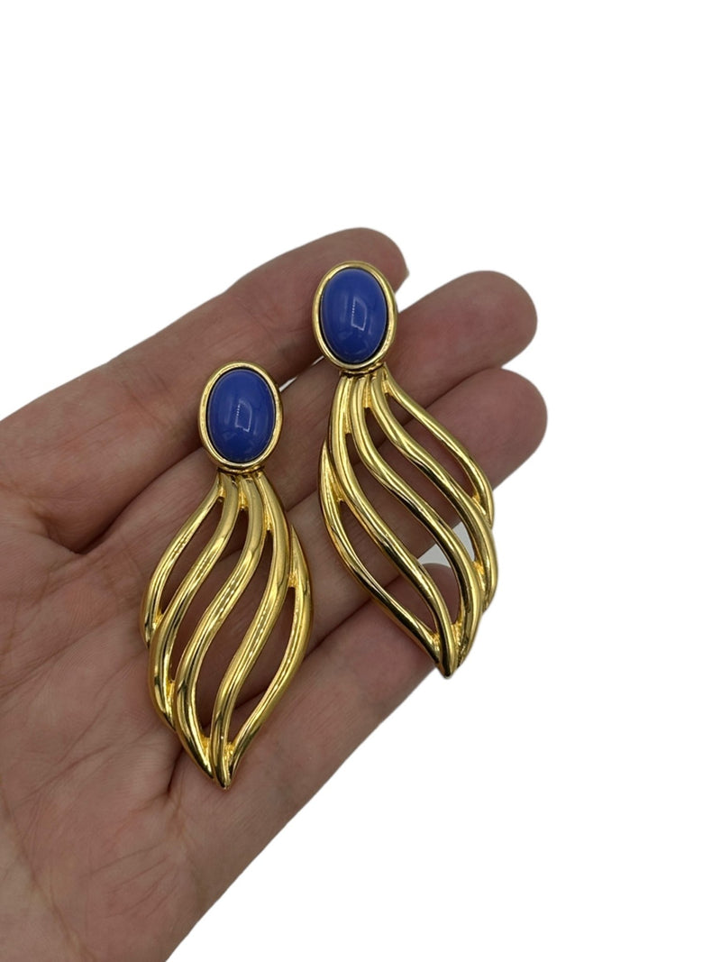 Monet Blue Cabochon Gold Dangle Pierced Earrings - 24 Wishes Vintage Jewelry
