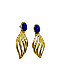 Monet Blue Cabochon Gold Dangle Pierced Earrings - 24 Wishes Vintage Jewelry