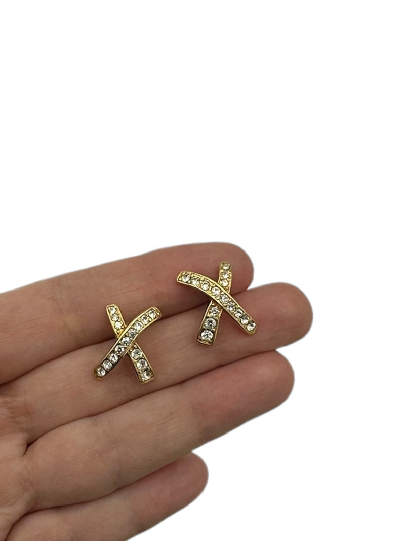 Monet Classic Gold X Rhinestone Pierced Earrings - 24 Wishes Vintage Jewelry