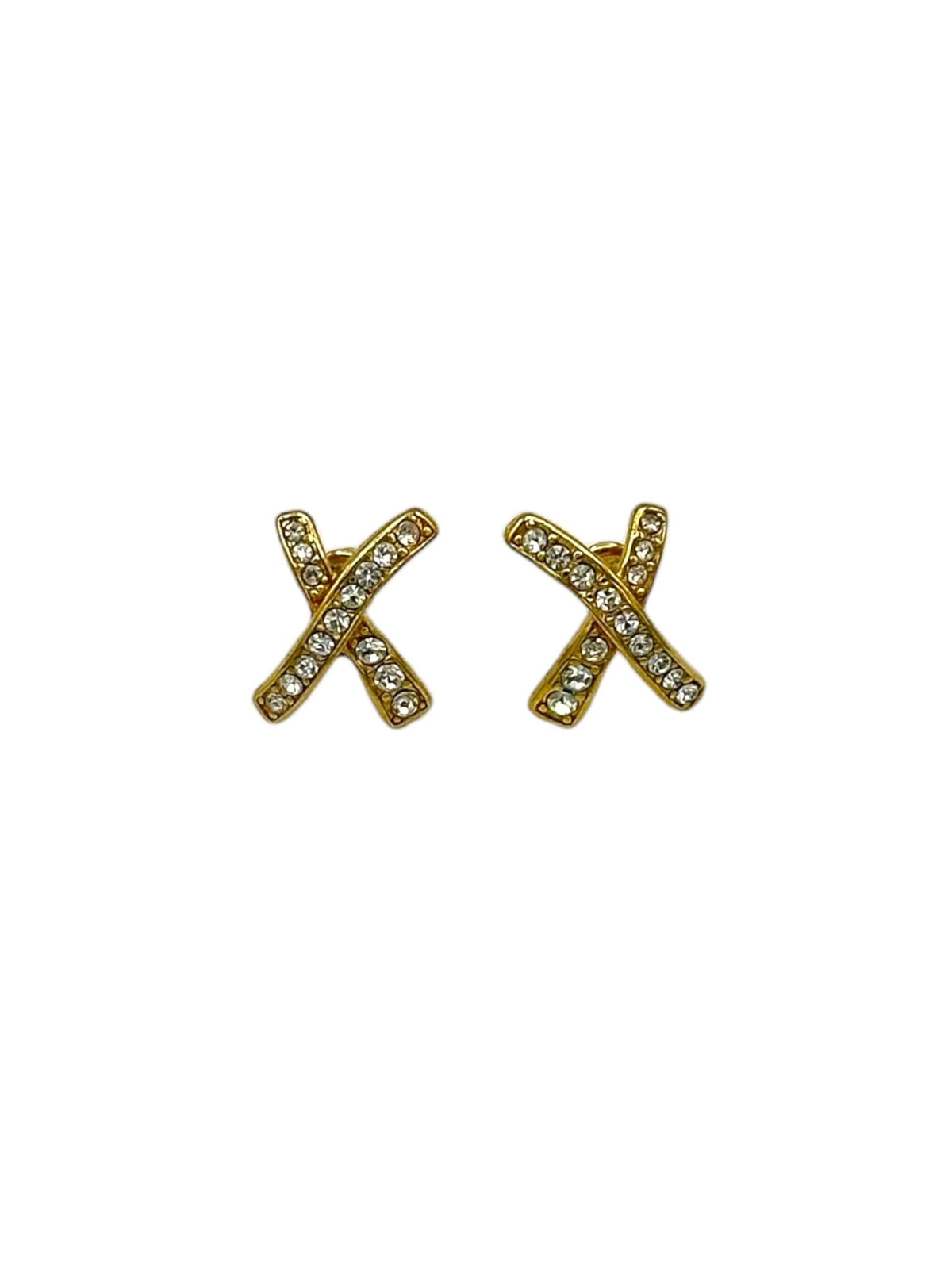 Monet Classic Gold X Rhinestone Pierced Earrings - 24 Wishes Vintage Jewelry