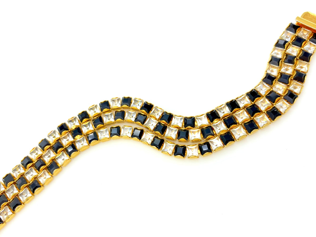 Monet Gold Black & White Checkerboard Rhinestone Bracelet - 24 Wishes Vintage Jewelry