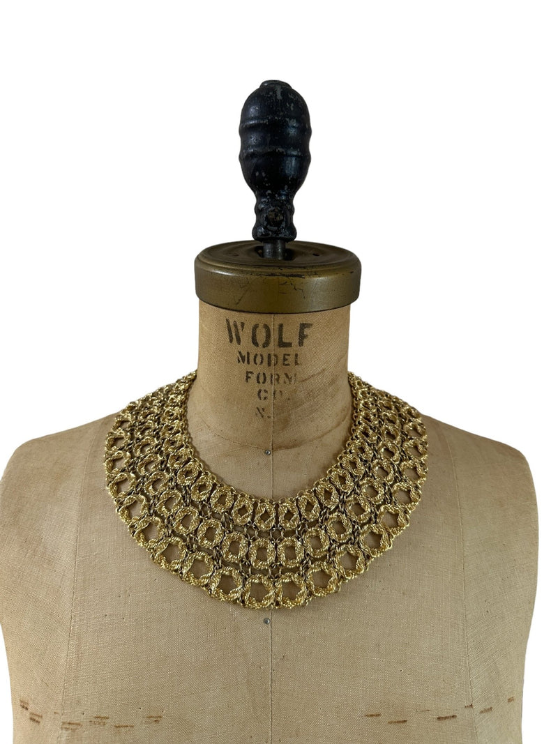 Monet Gold Bouclais Egyptian Chain Link Statement Bib Necklace - 24 Wishes Vintage Jewelry