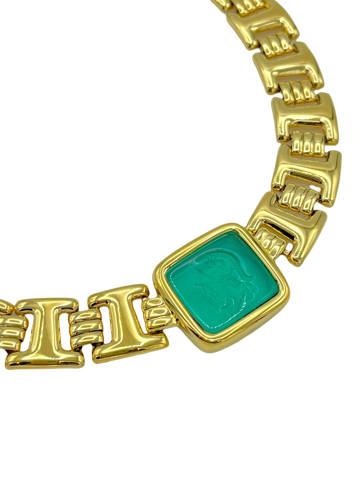 Monet Gold Chunky Green Roman Intaglio Vintage Necklace - 24 Wishes Vintage Jewelry