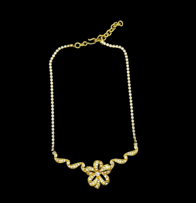 Monet Gold Classic Bow & Ribbon Clear Rhinestone Pendant Vintage Necklace - 24 Wishes Vintage Jewelry