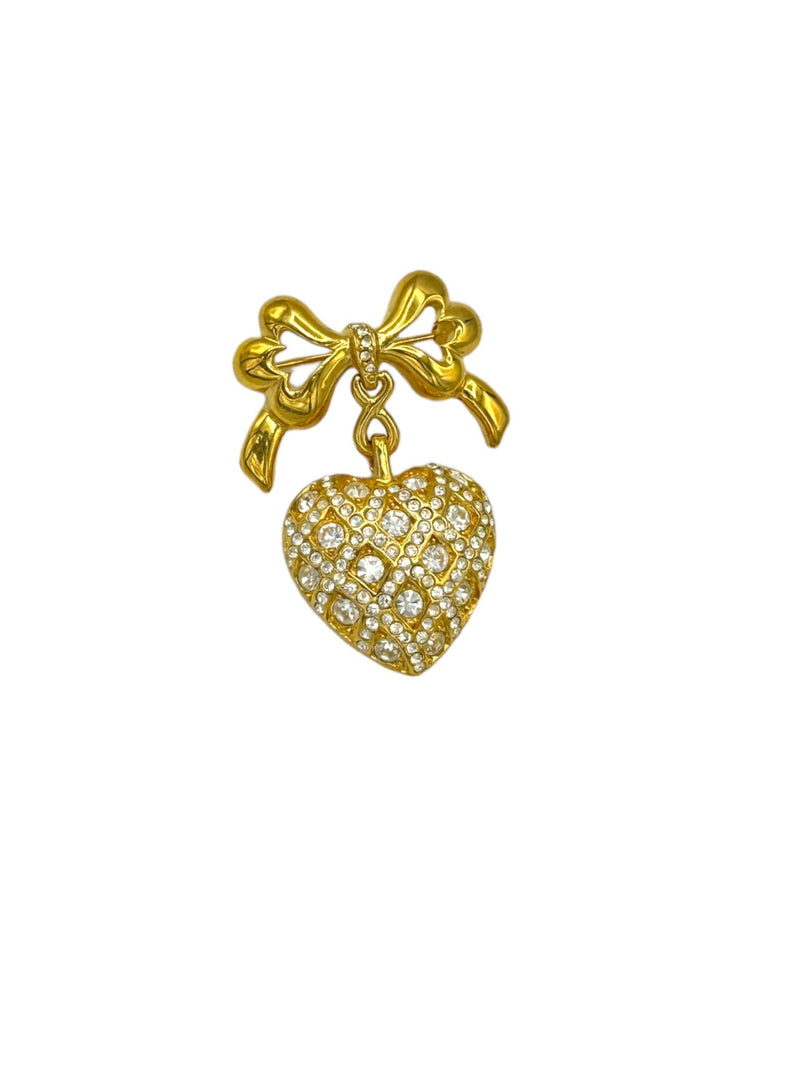Monet Gold Dangle Pave Heart & Bow Vintage Brooch Pin - 24 Wishes Vintage Jewelry
