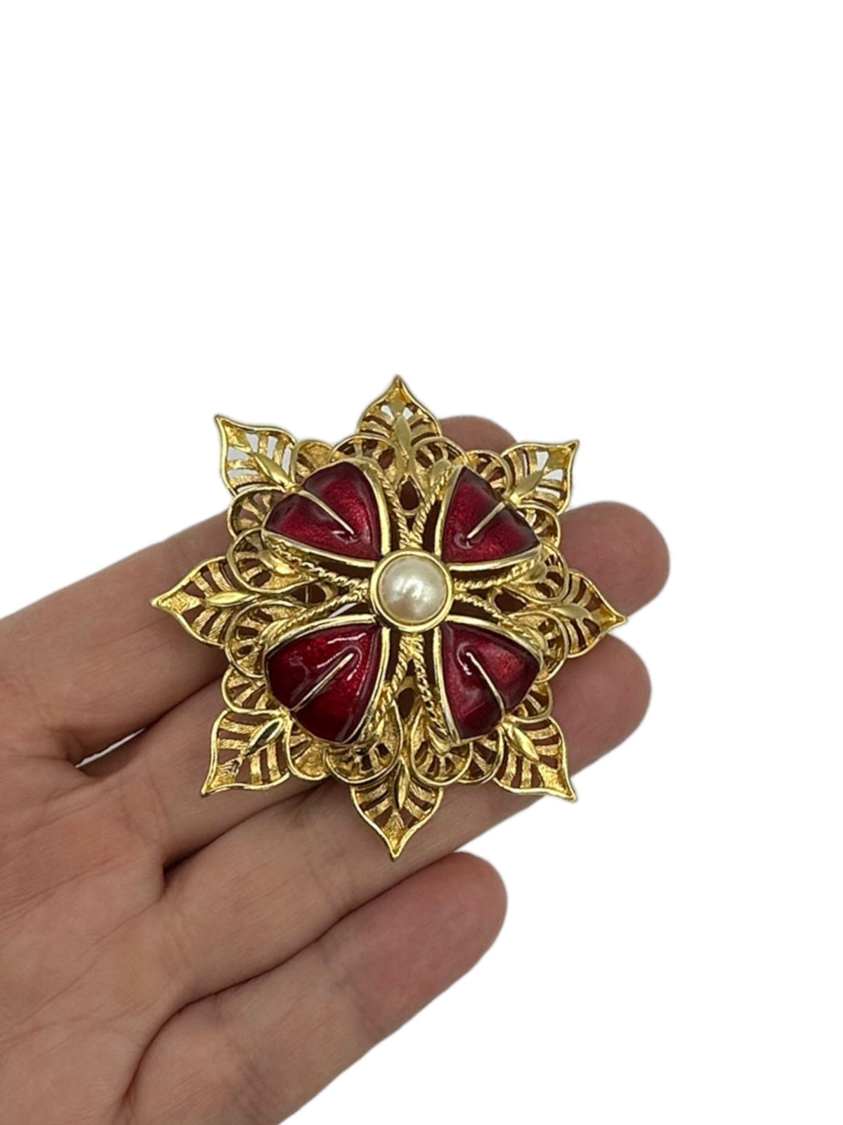 Monet Gold Layered Red Enamel & Pearl Flower Vintage Brooch - 24 Wishes Vintage Jewelry