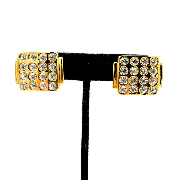 Monet Gold Rhinestone Statement Vintage Pierced Earrings - 24 Wishes Vintage Jewelry