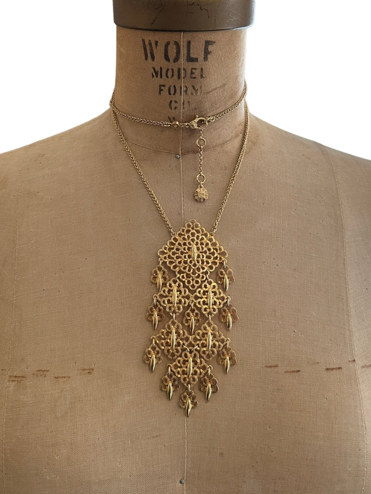 Monet Gold Waterfall Filigree Dangle Statement Pendant Long Chain - 24 Wishes Vintage Jewelry