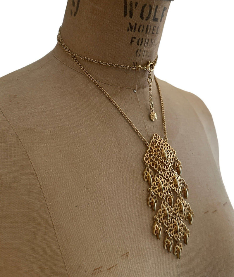 Monet Gold Waterfall Filigree Dangle Statement Pendant Long Chain - 24 Wishes Vintage Jewelry