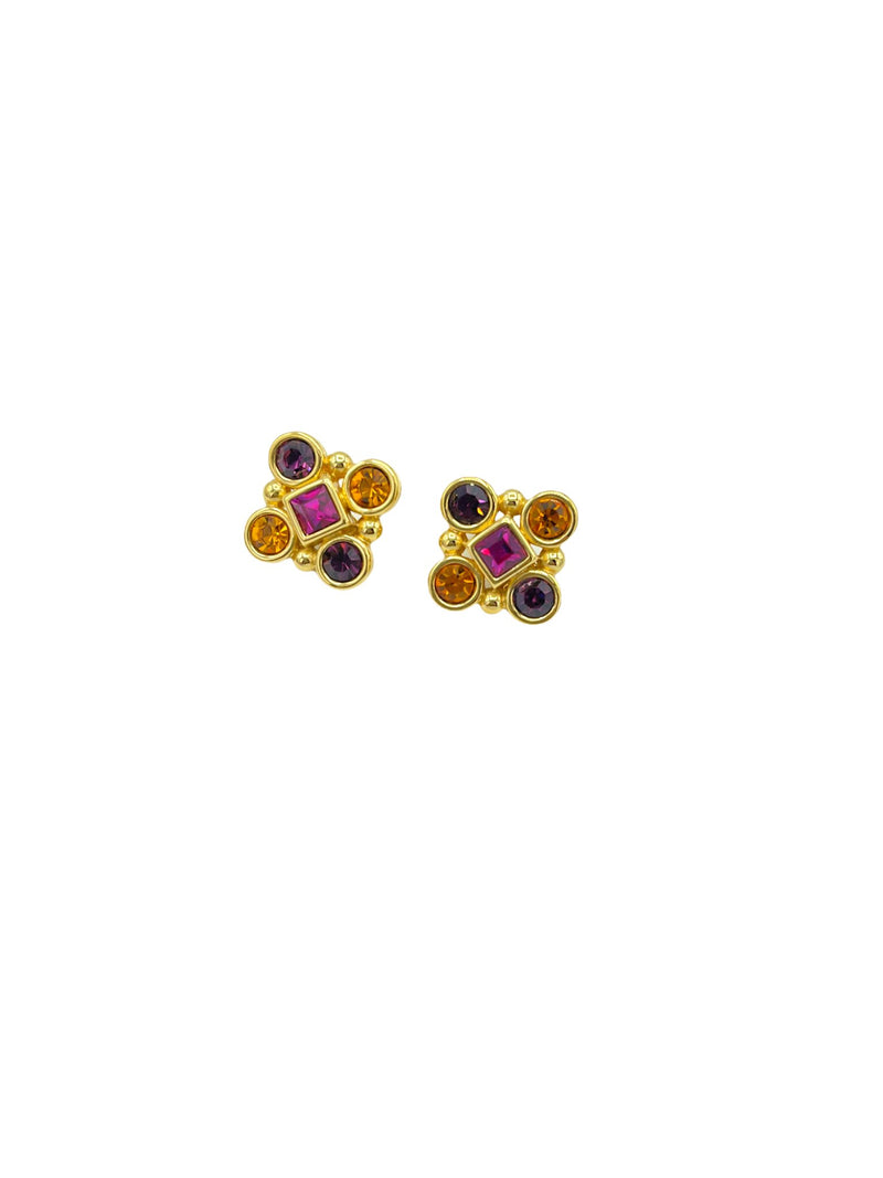 Monet Pink & Orange Rhinestone Vintage Clip-On Earrings - 24 Wishes Vintage Jewelry