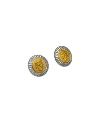 Monet Two-tone Round Greek Roman Coin Classic Pierced Earrings - 24 Wishes Vintage Jewelry