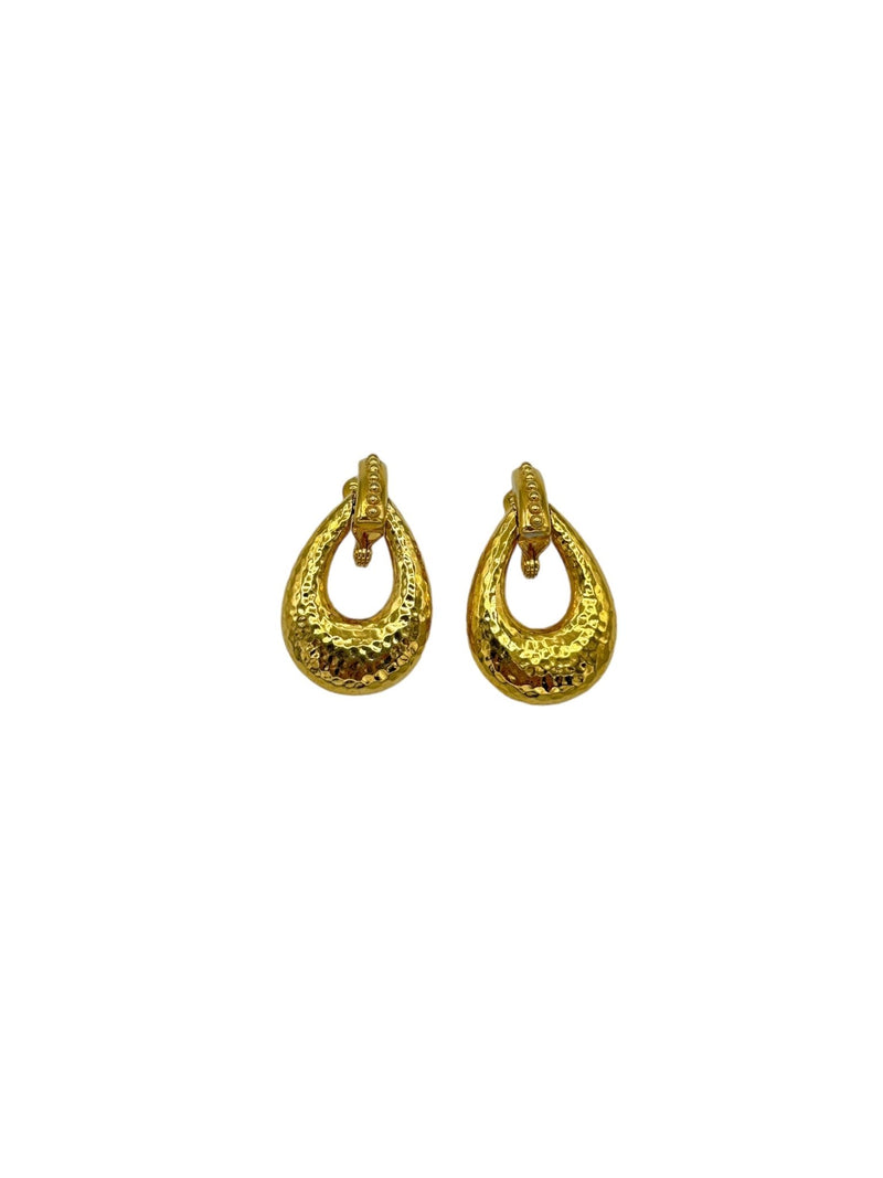 Monet Vintage Jewelry Gold Teardrop Hammered Doorknocker Dangle Clip-On Earrings - 24 Wishes Vintage Jewelry
