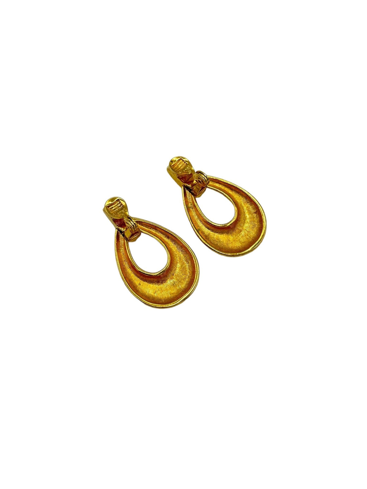 Monet Vintage Jewelry Gold Teardrop Hammered Doorknocker Dangle Clip-On Earrings - 24 Wishes Vintage Jewelry