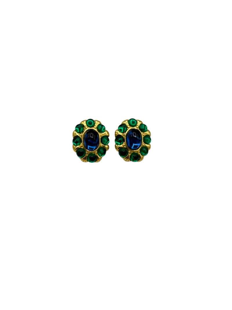 Napier Gold Blue & Green Gripiox Cabochon Statement Pierced Vintage Earrings - 24 Wishes Vintage Jewelry