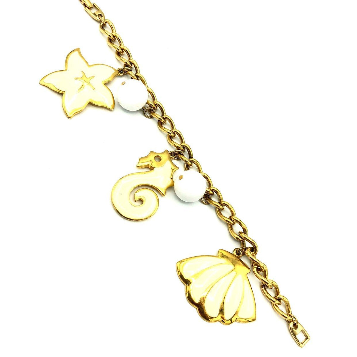Napier Gold Enamel Seahorse Starfish Shell Vintage Charm Bracelet - 24 Wishes Vintage Jewelry
