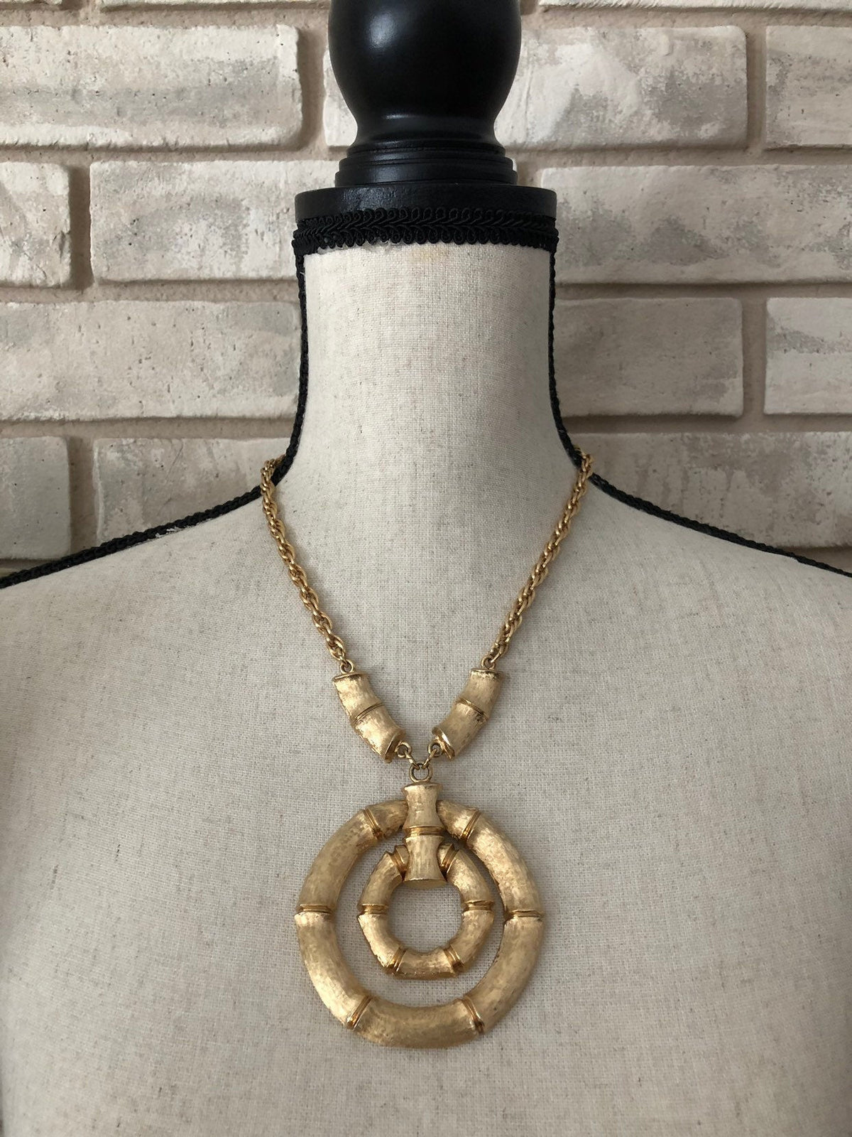 Napier Large Gold Bamboo Circle Vintage Pendant - 24 Wishes Vintage Jewelry