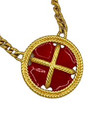 Napier Long Gold Chain Red Enamel Nautical Button Vintage Pendant - 24 Wishes Vintage Jewelry