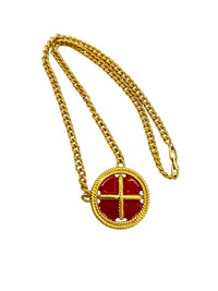 Napier Long Gold Chain Red Enamel Nautical Button Vintage Pendant - 24 Wishes Vintage Jewelry