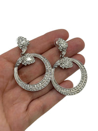 Nicole Miller Silver Large Hoop Dangle Rhinestone Art Deco Style Pierced Earrings - 24 Wishes Vintage Jewelry
