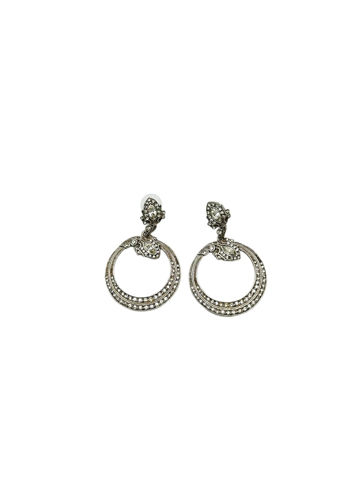 Nicole Miller Silver Large Hoop Dangle Rhinestone Art Deco Style Pierced Earrings - 24 Wishes Vintage Jewelry