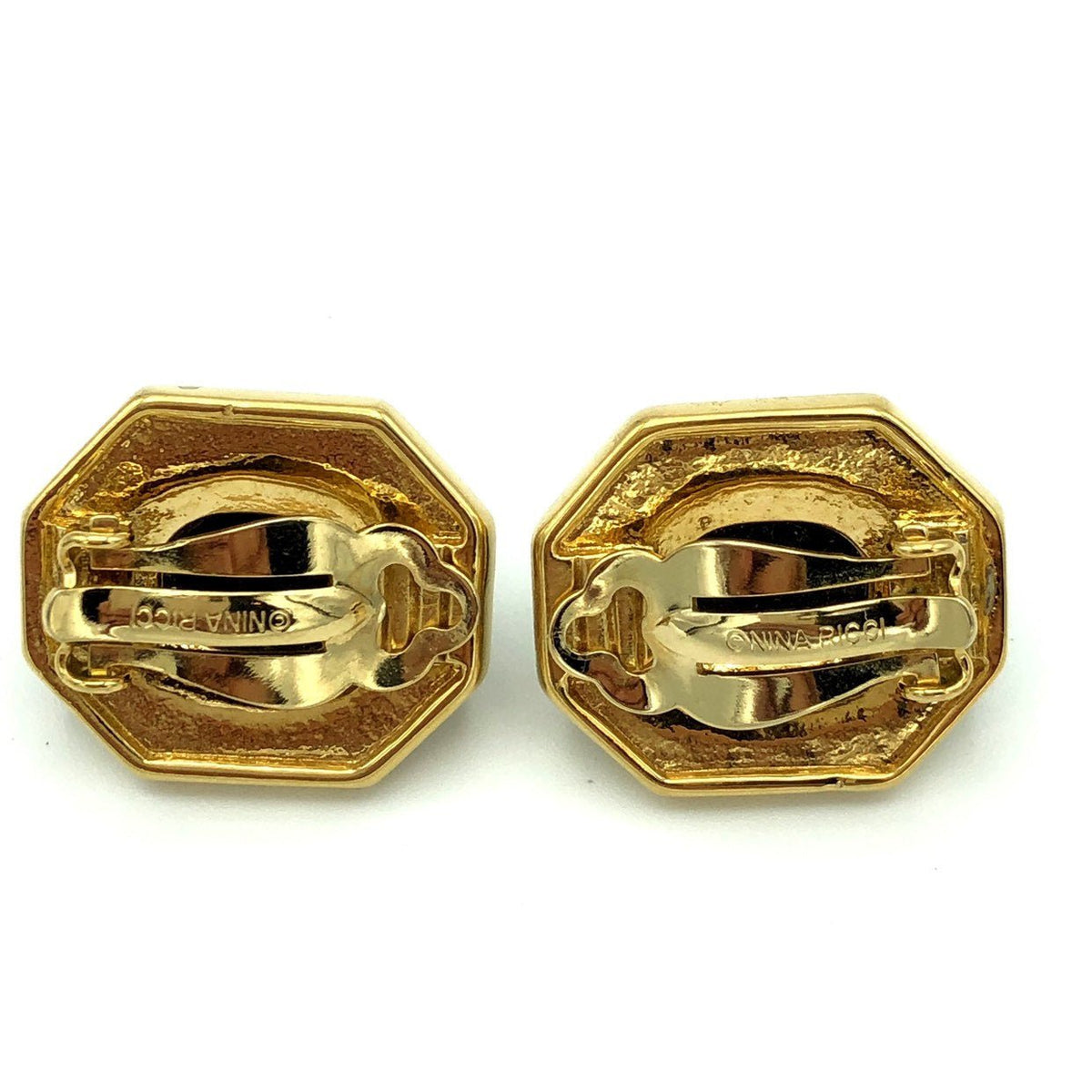 Nina Ricci Classic Gold Black Cabochon Vintage Clip-On Earrings - 24 Wishes Vintage Jewelry