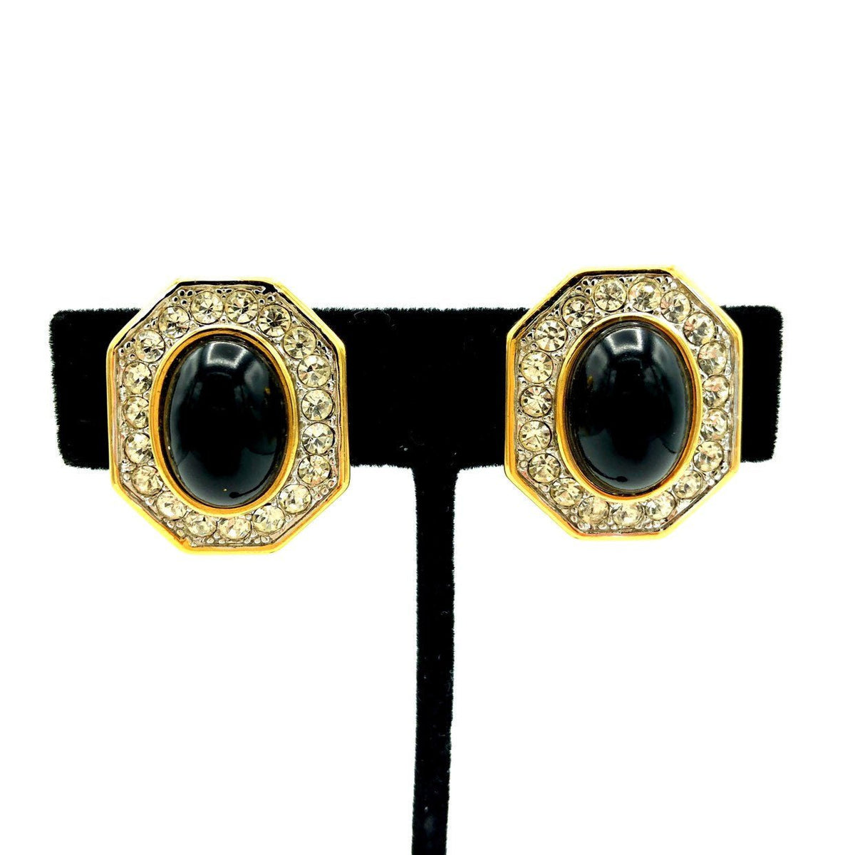 Nina Ricci Classic Gold Black Cabochon Vintage Clip-On Earrings - 24 Wishes Vintage Jewelry