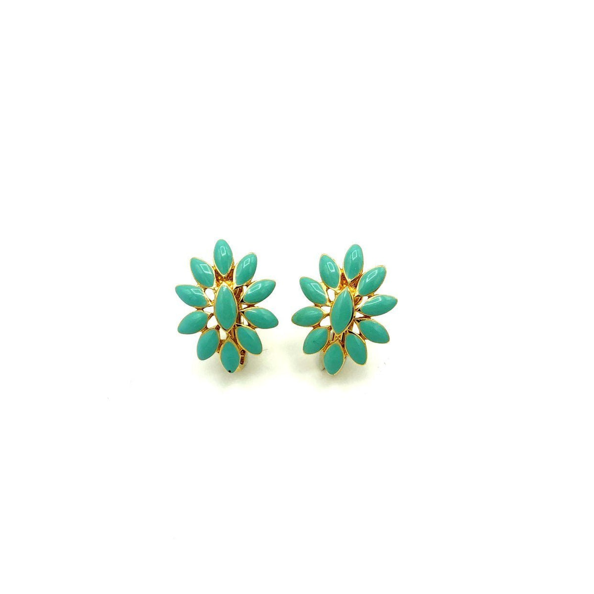 Nina Ricci Turquoise Blue Enamel Floral Vintage Pierced Earrings - 24 Wishes Vintage Jewelry