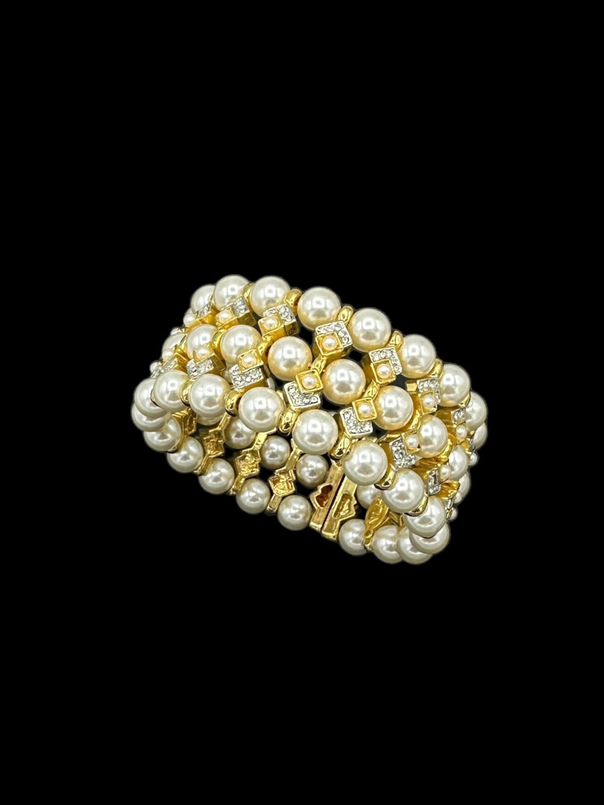 NLH Nat Landau Hyman Three Row Pearl Flexible Gold Link Bracelet - 24 Wishes Vintage Jewelry