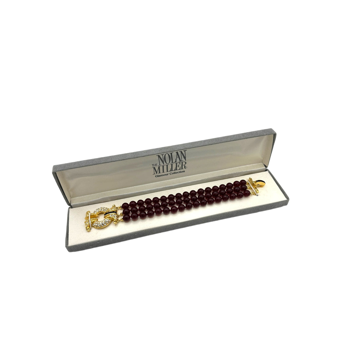 Nolan Miller Bordeaux Triple Strand Faux Garnet Art Deco Bracelet - 24 Wishes Vintage Jewelry