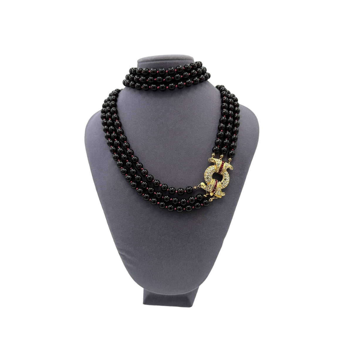 Nolan Miller Bordeaux Triple Strand Faux Garnet Art Deco Necklace - 24 Wishes Vintage Jewelry