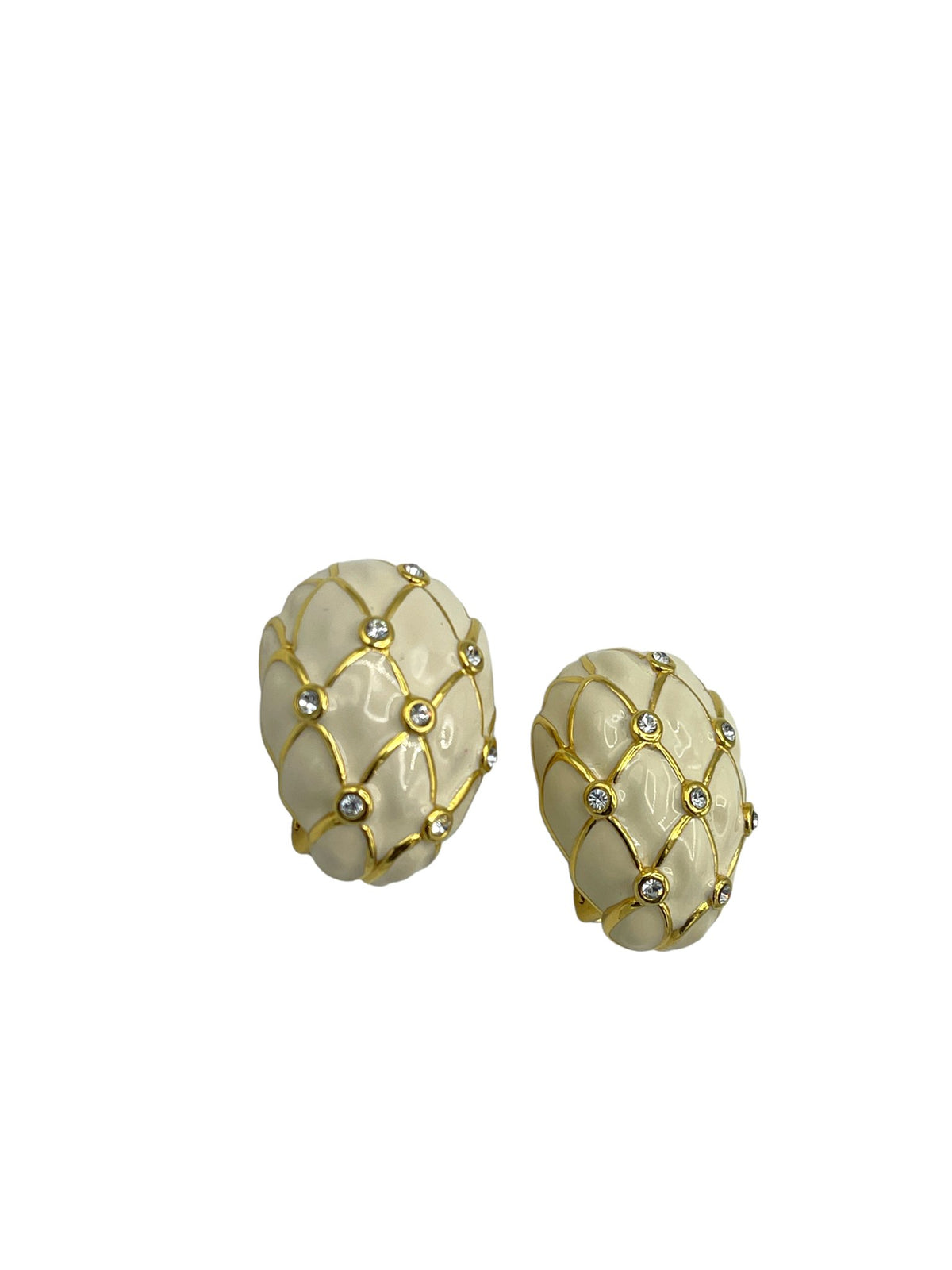 Nolan Miller Gold Cream Enamel & Rhinestone Vintage Clip-On Earrings - 24 Wishes Vintage Jewelry