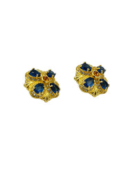 Nolan Miller Gold Maltese Cross Blue Crystal Vintage Pierced Designer Earrings - 24 Wishes Vintage Jewelry