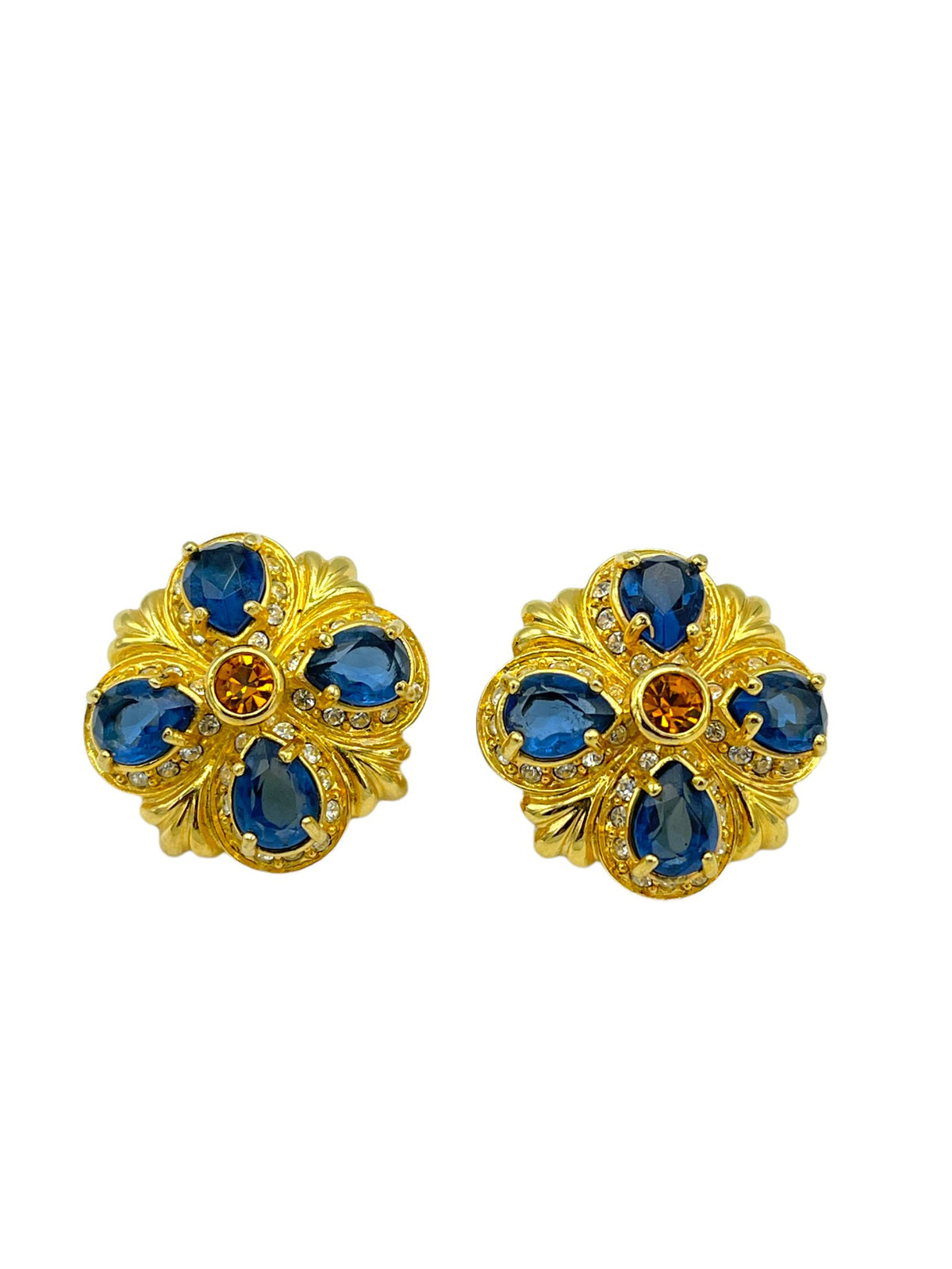 Nolan Miller Gold Maltese Cross Blue Crystal Vintage Pierced Designer Earrings - 24 Wishes Vintage Jewelry