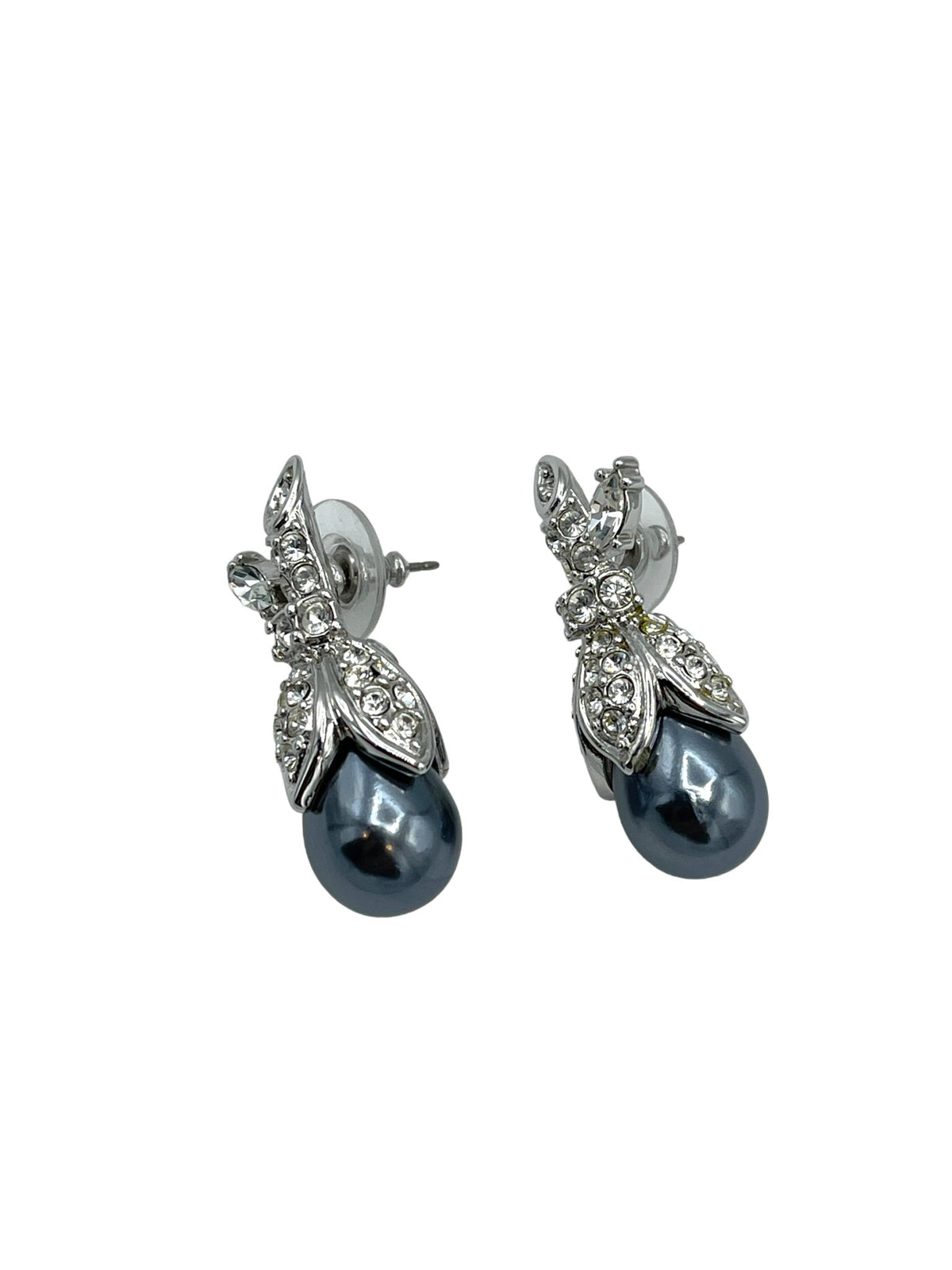 Nolan Miller Gray Baroque Pearl Rhinestone Vintage Pierced Earrings - 24 Wishes Vintage Jewelry