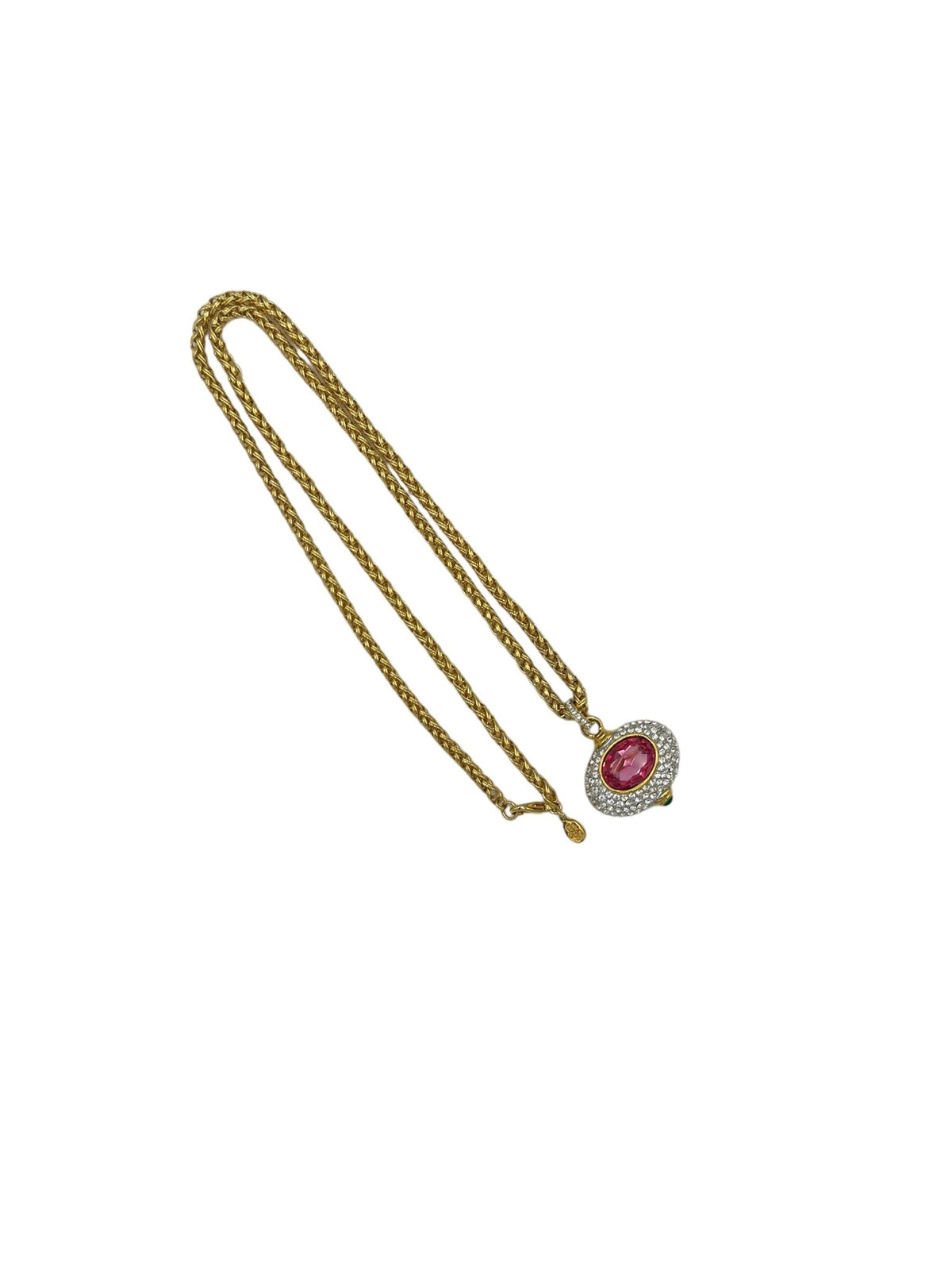 Nolan Miller Large Pink Crystal Goddess Necklace Reversible Pendant - 24 Wishes Vintage Jewelry