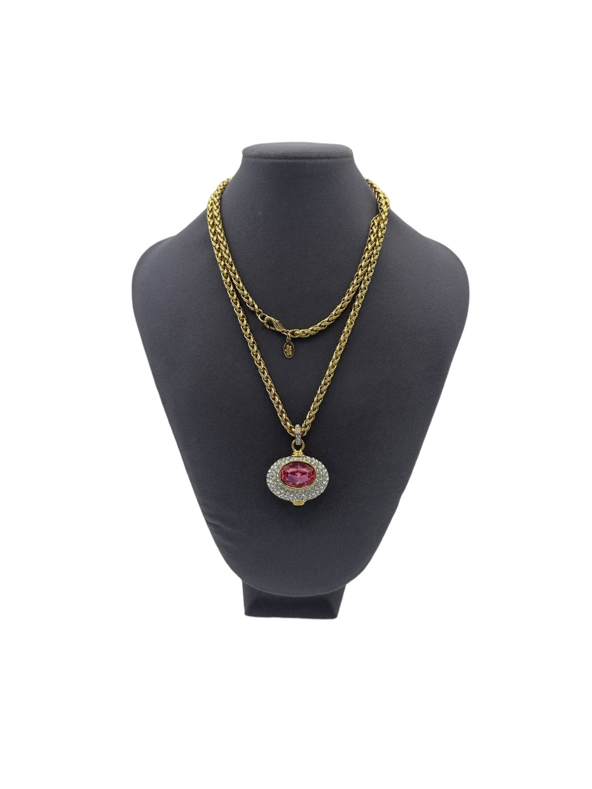 Nolan Miller Large Pink Crystal Goddess Necklace Reversible Pendant - 24 Wishes Vintage Jewelry