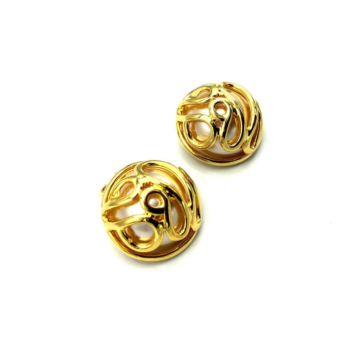 Norma Jean Gold Caged Pearl Classic Vintage Button Clip-On Earrings - 24 Wishes Vintage Jewelry