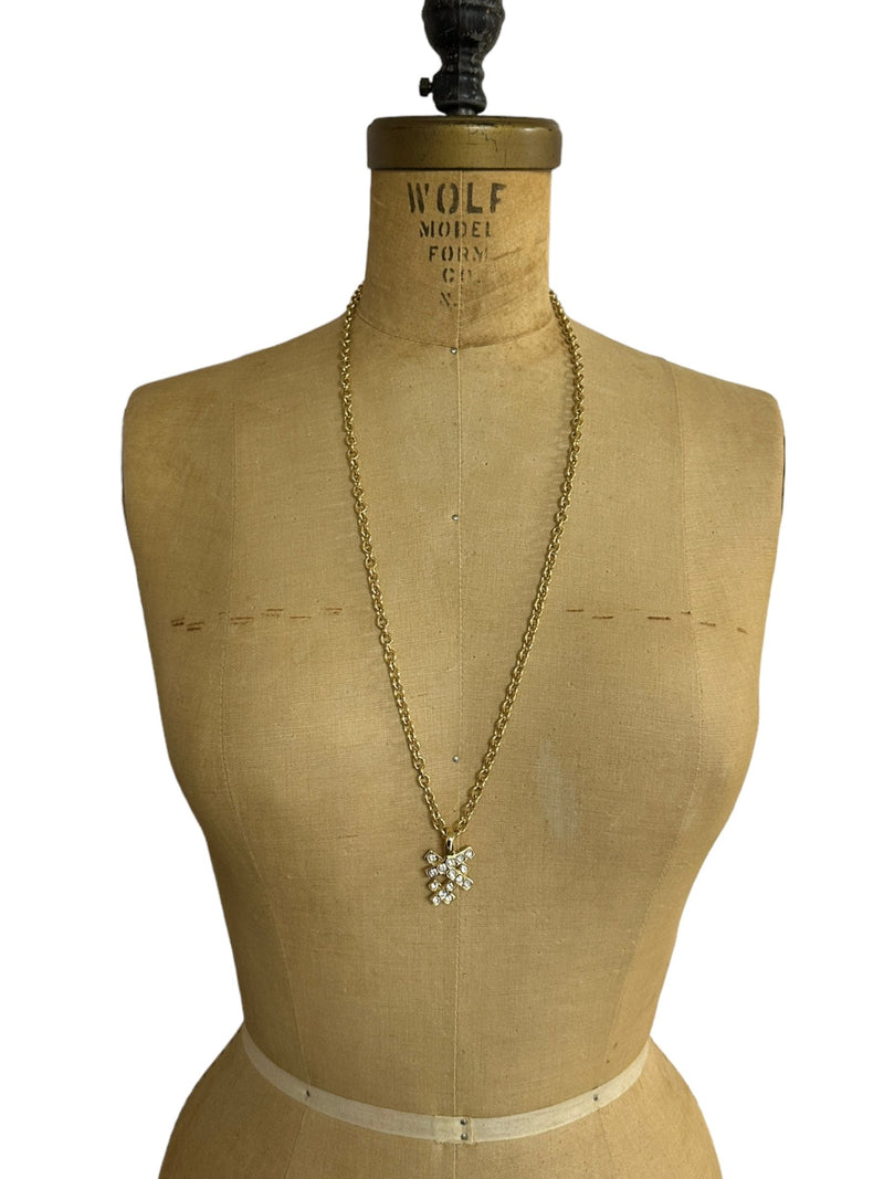 Norma Jean Gold Long Chain Criss Cross Rhinestone Pendant - 24 Wishes Vintage Jewelry
