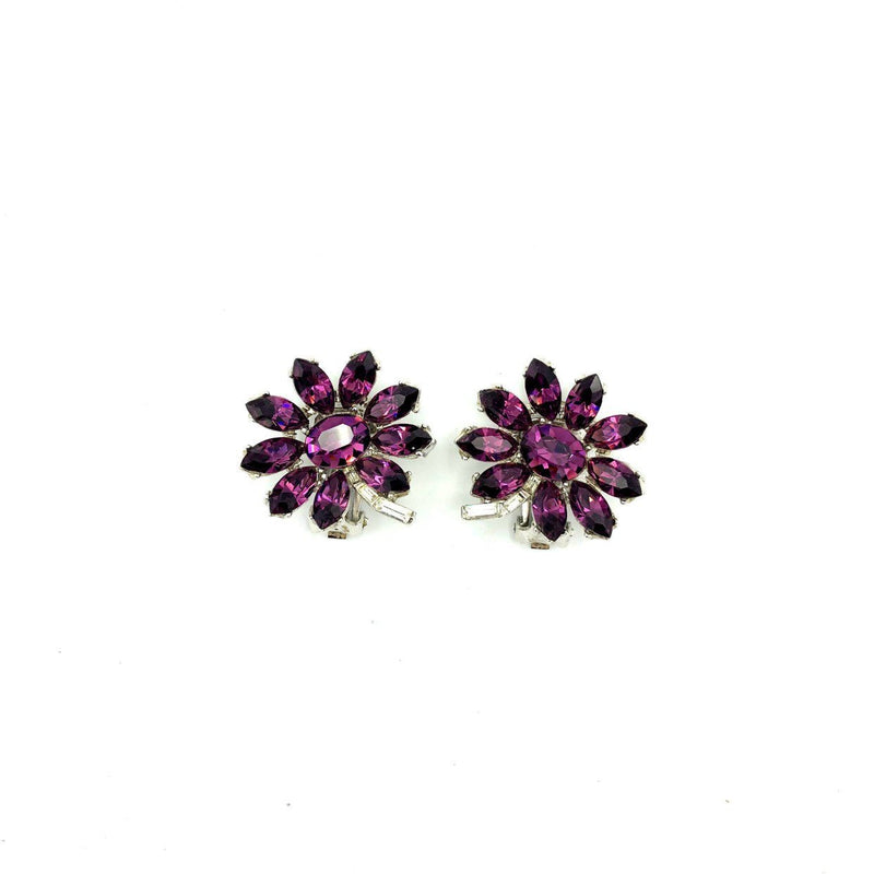 Ora Purple Rhinestone Flower Vintage Clip-On Earrings - 24 Wishes Vintage Jewelry