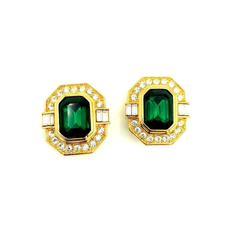 Oscar De La Renta Emerald Green Rhinestone Vintage Earrings - 24 Wishes Vintage Jewelry