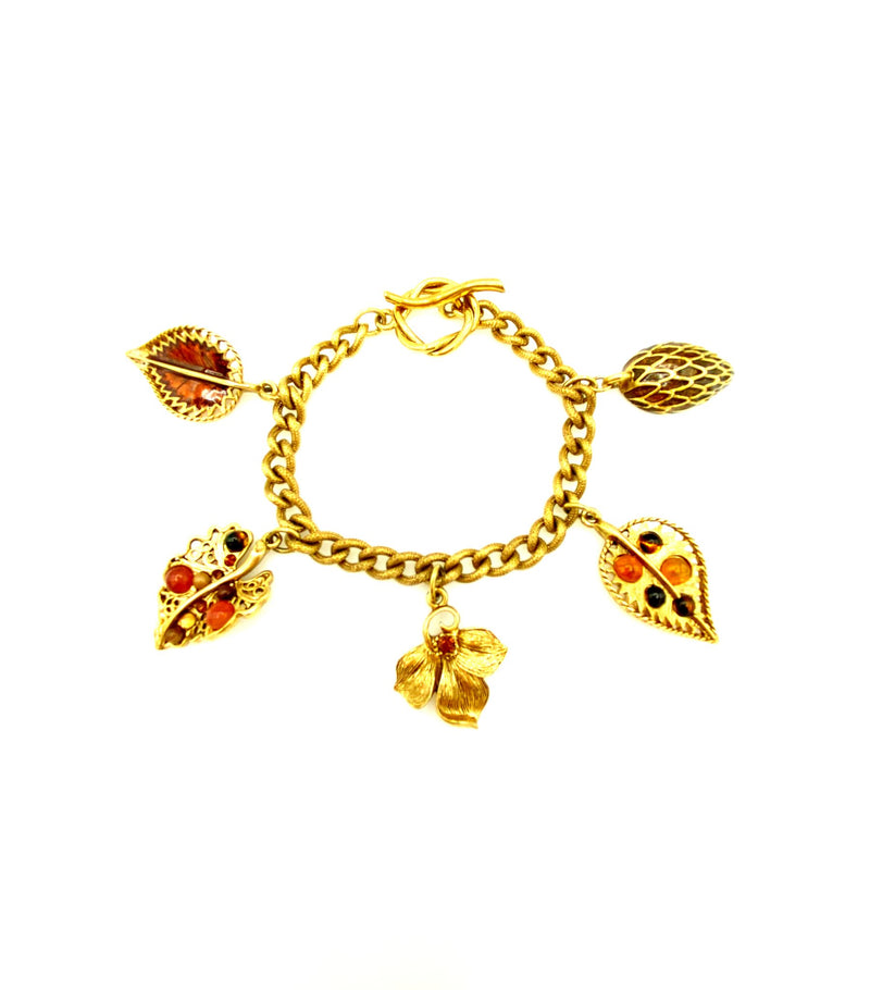 Oscar de la Renta Gold & Brown Leaf Charm Stacking Bracelet - 24 Wishes Vintage Jewelry
